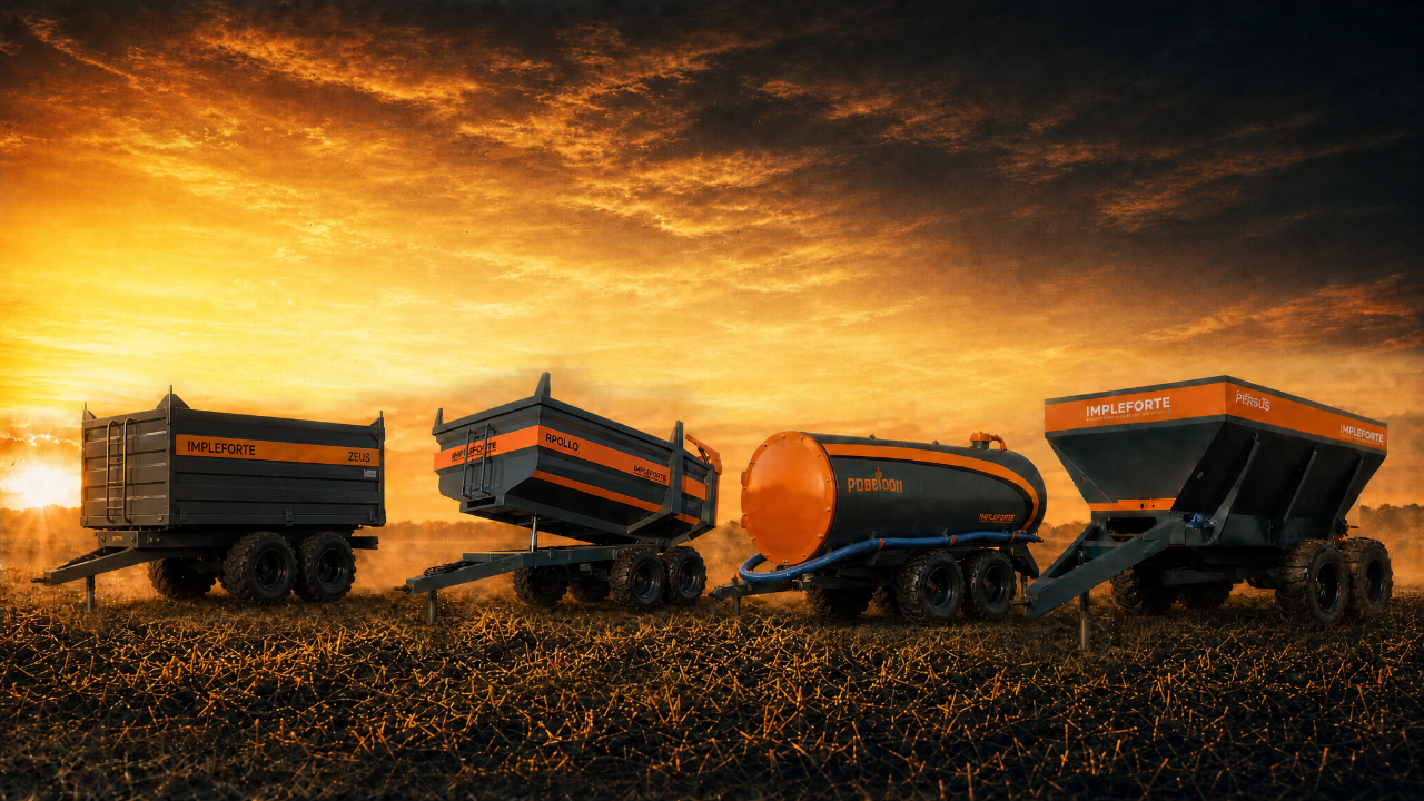 Implemento agrícola IMPLEFORTE em campo ao entardecer